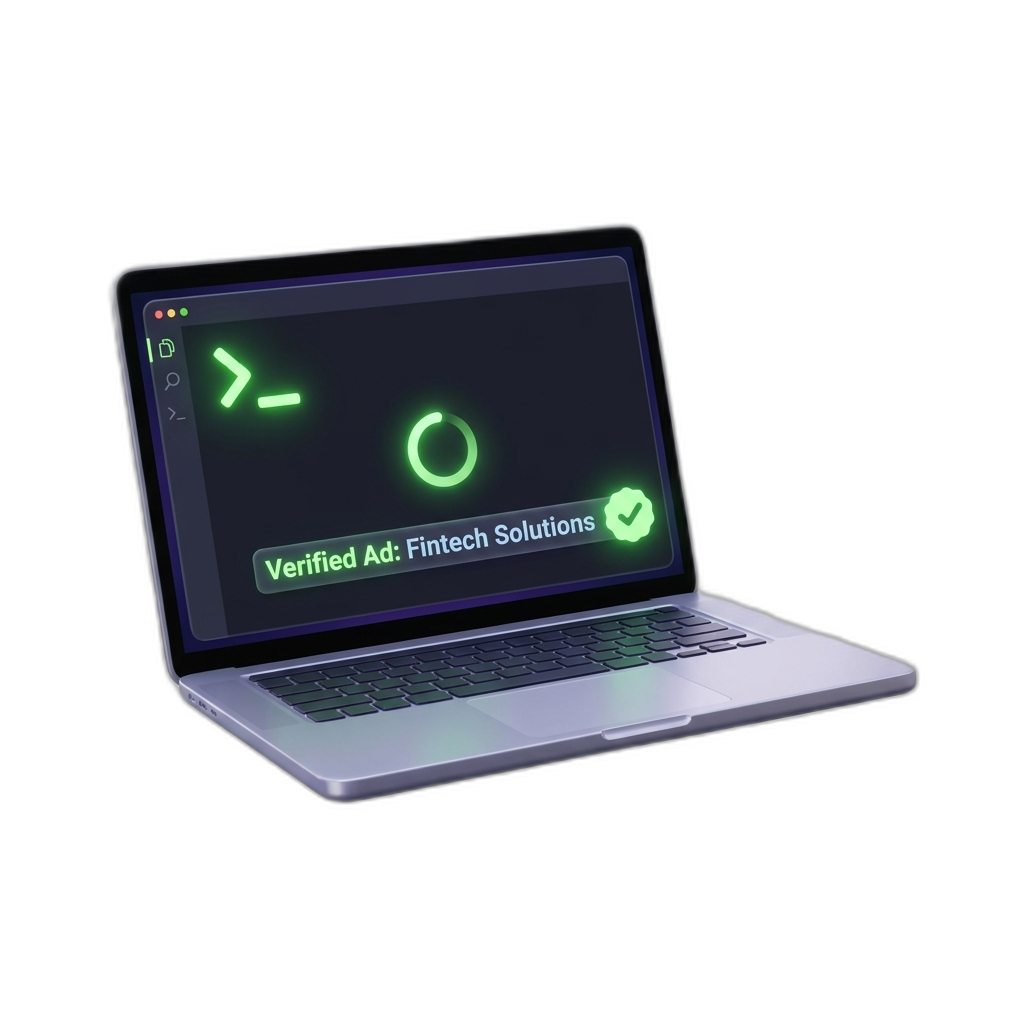 A laptop showing a verified ad line in the Claude Code spinner